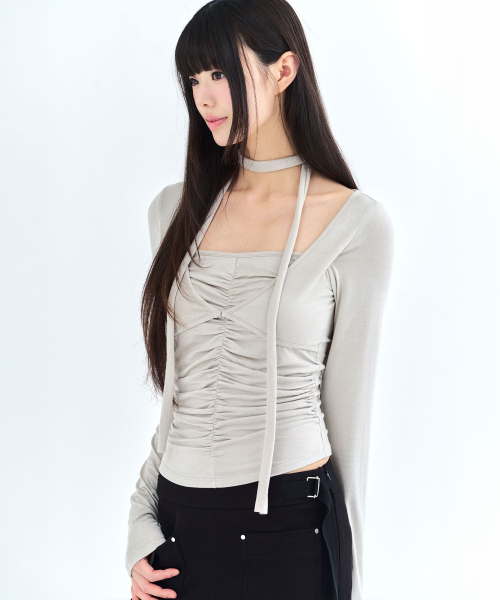 LIE MEQUE(リメーク)の「ボレロ スカーフ シャーリング ロングスリーブ ベージュ(Tシャツ/カットソー・レディース・その他・MEDIUM/SMALL)」の2枚目の写真