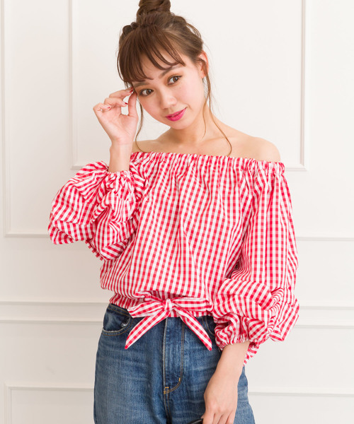 SpRay(スプレイ)の「ギンガムランタンスリーブ(シャツ/ブラウス・レディース・ブラック/レッド/オレンジ/ブルー・FREE)」の1枚目の写真