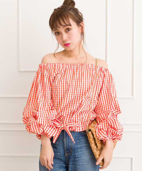 SpRay(スプレイ)の「ギンガムランタンスリーブ(シャツ/ブラウス・レディース・ブラック/レッド/オレンジ/ブルー・FREE)」の4枚目の写真