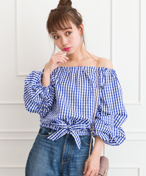 SpRay(スプレイ)の「ギンガムランタンスリーブ(シャツ/ブラウス・レディース・ブラック/レッド/オレンジ/ブルー・FREE)」の3枚目の写真