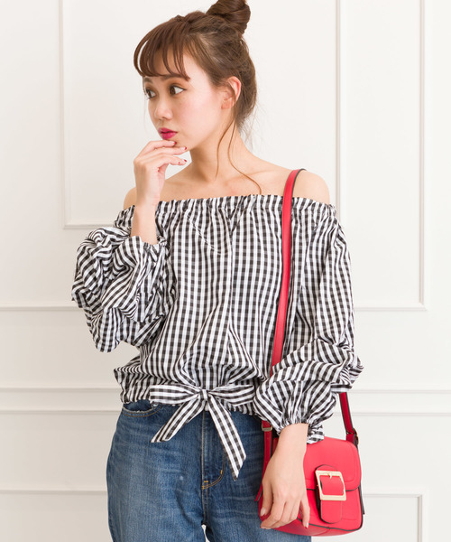 SpRay(スプレイ)の「ギンガムランタンスリーブ(シャツ/ブラウス・レディース・ブラック/レッド/オレンジ/ブルー・FREE)」の2枚目の写真