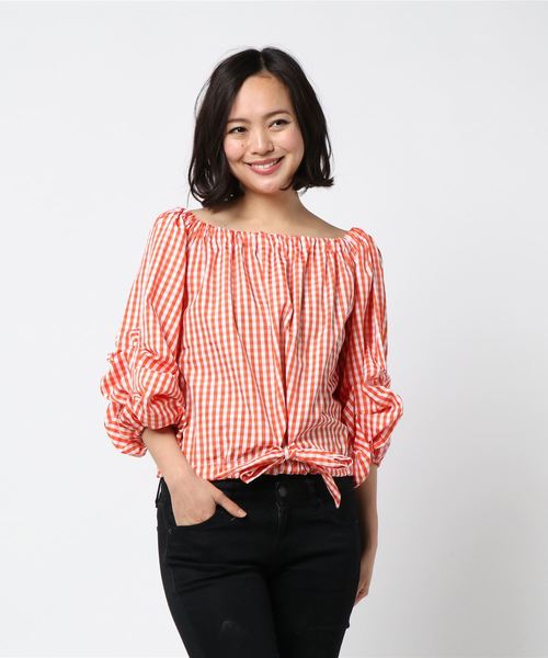 SpRay(スプレイ)の「ギンガムランタンスリーブ(シャツ/ブラウス・レディース・ブラック/レッド/オレンジ/ブルー・FREE)」の7枚目の写真