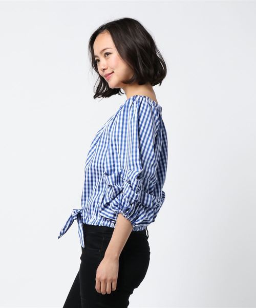 SpRay(スプレイ)の「ギンガムランタンスリーブ(シャツ/ブラウス・レディース・ブラック/レッド/オレンジ/ブルー・FREE)」の6枚目の写真