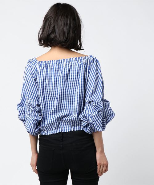 SpRay(スプレイ)の「ギンガムランタンスリーブ(シャツ/ブラウス・レディース・ブラック/レッド/オレンジ/ブルー・FREE)」の5枚目の写真