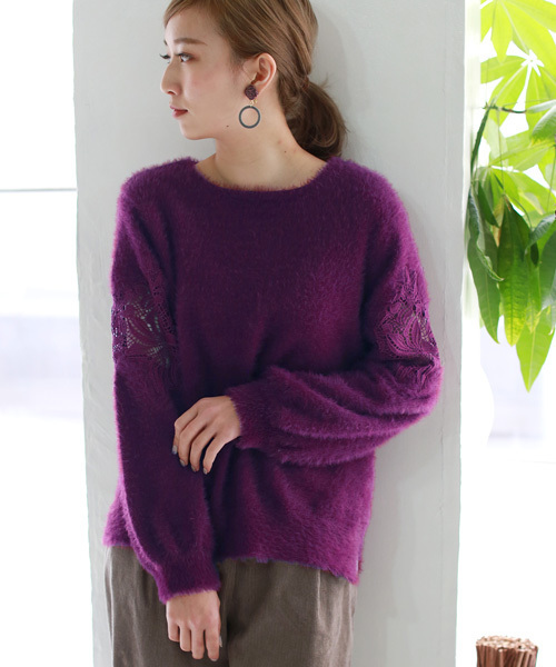 REAL CUBE(リアルキューブ)の「REAL CUBE ショルダーレースフェザーニット(ニット/セーター・レディース・ダークグリーン/パープル/カーキ/ネイビー/マスタード・38(M))」の5枚目の写真