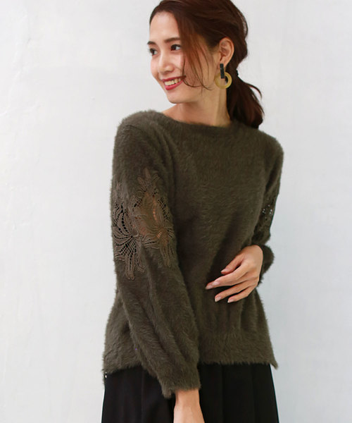 REAL CUBE(リアルキューブ)の「REAL CUBE ショルダーレースフェザーニット(ニット/セーター・レディース・ダークグリーン/パープル/カーキ/ネイビー/マスタード・38(M))」の17枚目の写真