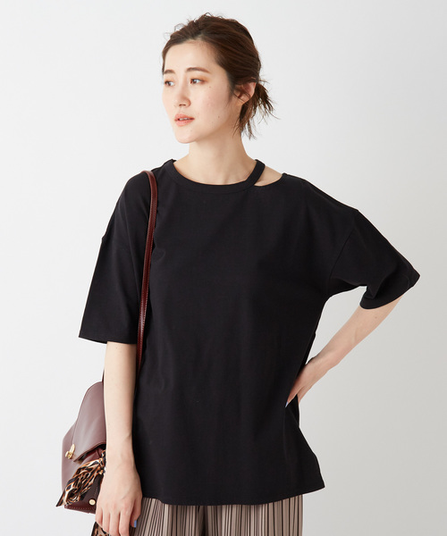 DISCOAT（ディスコート）の「綿テンセル肩開きプルオーバー（Tシャツ/カットソー・レディース・ブラック/ライトグレー/ブラウン/モスグリーン・FREE）」の2枚目の写真