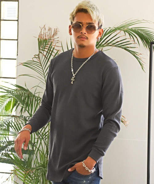 LUXSTYLE（ラグスタイル）の「ワッフルトールロンT（Tシャツ/カットソー・メンズ・ホワイト/ブラック/グレー/ベージュ/ブラウン/カーキ/モカ/チャコール/ネイビー・S/M/L/XL）」の4枚目の写真