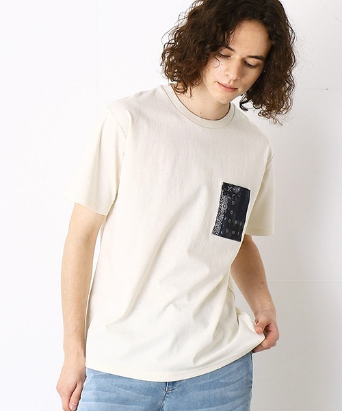 Purple&Yellow（パープルアンドイエロー）の「バンダナ柄胸ポケット　半袖Tシャツ（Tシャツ/カットソー・メンズ・ネイビー/アイボリー/ホワイト/ミント・LARGE/SMALL/MEDIUM/X-SMALL/X-LARGE）」の13枚目の写真