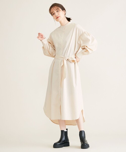 SHARE PARK（シェアパーク）の「【洗える】ボリュームスリーブワンピース（シャツワンピース・レディース・グレー系/黄土色系/アイボリー系・1）」の7枚目の写真