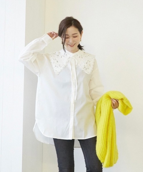 Wefst（ウェスト）の「【Wefst】T/Cブロード襟付きブラウス（シャツ/ブラウス・レディース・ホワイト/ブラック・FREE）」の2枚目の写真