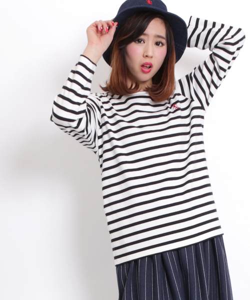 GIORDANO（ジョルダーノ）の「[GIORDANO]天竺ボーダー長袖Ｔシャツ（Tシャツ/カットソー・レディース・ブラック/グレー/ネイビー/ピンク・FREE）」の14枚目の写真