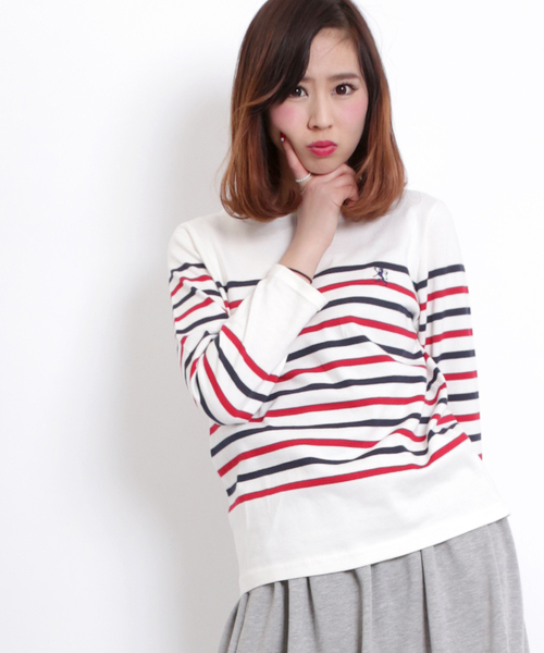 GIORDANO（ジョルダーノ）の「[GIORDANO]天竺ボーダー長袖Ｔシャツ（Tシャツ/カットソー・レディース・ブラック/グレー/ネイビー/ピンク・FREE）」の17枚目の写真