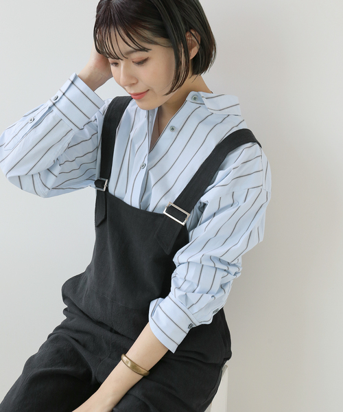 Simplicite（サンプリシテ）の「コットンストライプムジチュニックシャツ（シャツ/ブラウス・レディース・ホワイト/ブラック/パープル/ブルー・FREE）」の5枚目の写真