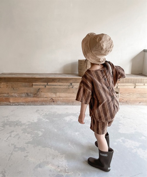 aimoha（アイモハ）の「aimoha-KIDS- 子供服　ストライプ柄半袖トップスハーフパンツセットアップ (SS)（セットアップ・キッズ・ネイビー/ブラウン・90/100/110/120/80/130）」の5枚目の写真