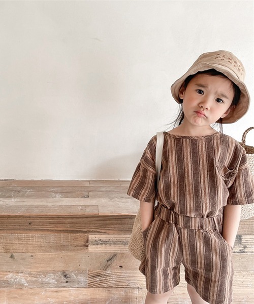 aimoha（アイモハ）の「aimoha-KIDS- 子供服　ストライプ柄半袖トップスハーフパンツセットアップ (SS)（セットアップ・キッズ・ネイビー/ブラウン・90/100/110/120/80/130）」の6枚目の写真