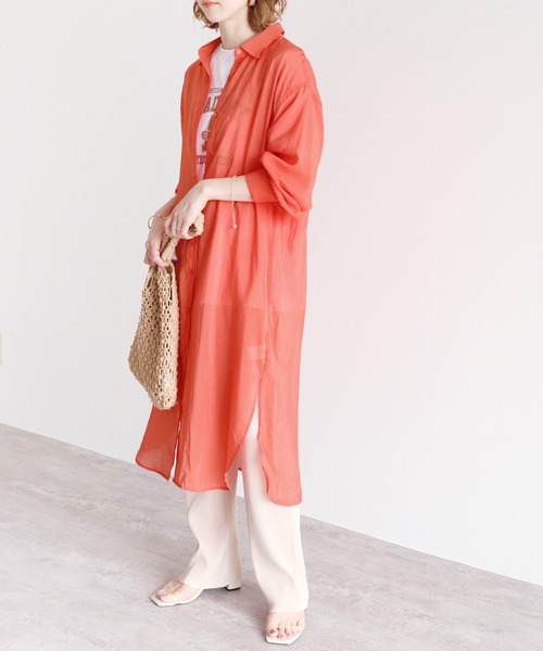 reca（レカ）の「シアーボイルシャツワンピース（シャツワンピース・レディース・ブラック/ベージュ/オフホワイト/オレンジ/グリーン/グレイッシュベージュ・MEDIUM）」の6枚目の写真