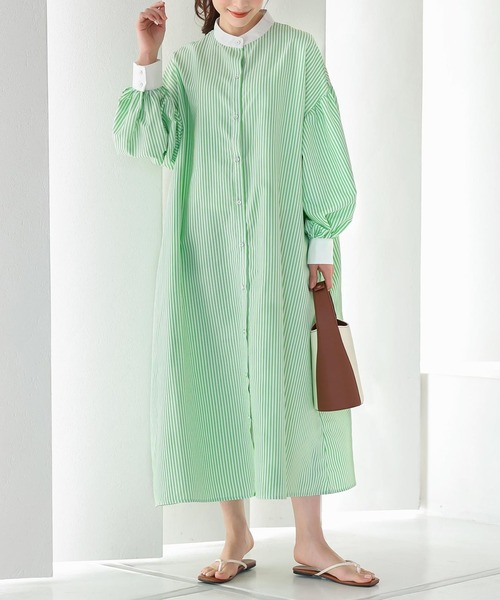 KOBE LETTUCE（コウベレタス）の「クレリックボリュームスリーブストライプシャツワンピース（シャツワンピース・レディース・ブラック/サックスブルー/ピンク/グリーン・FREE）」の3枚目の写真
