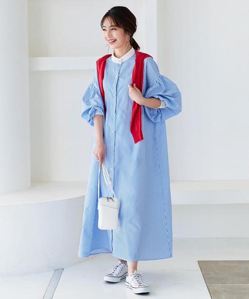 KOBE LETTUCE（コウベレタス）の「クレリックボリュームスリーブストライプシャツワンピース（シャツワンピース・レディース・ブラック/サックスブルー/ピンク/グリーン・FREE）」の14枚目の写真