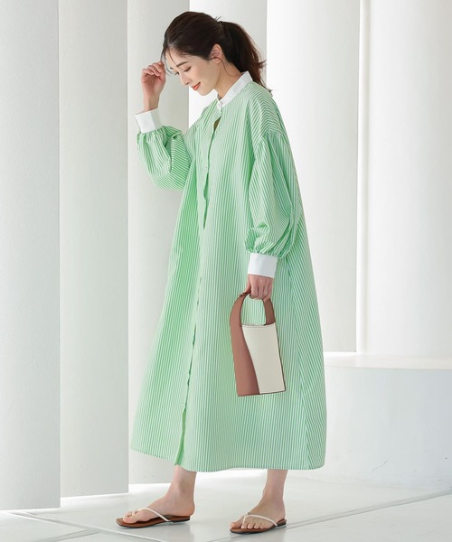 KOBE LETTUCE（コウベレタス）の「クレリックボリュームスリーブストライプシャツワンピース（シャツワンピース・レディース・ブラック/サックスブルー/ピンク/グリーン・FREE）」の12枚目の写真