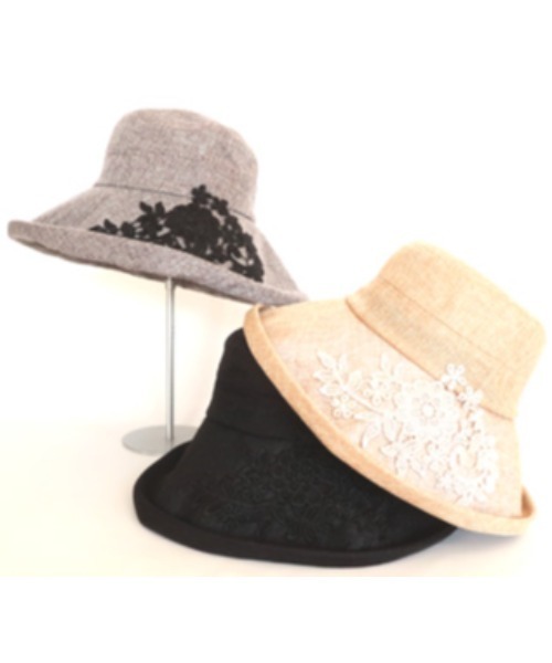 mimis（ミイーミイーズ）の「雑材風レース付きエッジアップハット（ハット・レディース・ベージュ/グレー・FREE）」の6枚目の写真