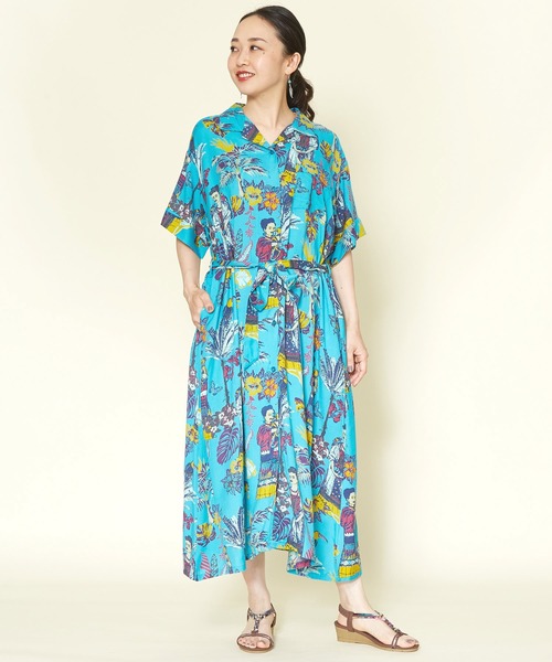 チャイハネ（チャイハネ）の「【チャイハネ】フリダノアロハシャツワンピース（シャツワンピース・レディース・オフホワイト/カーキ/ターコイズブルー・FREE）」の3枚目の写真