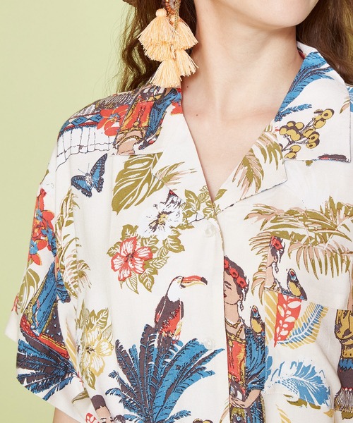 チャイハネ（チャイハネ）の「【チャイハネ】フリダノアロハシャツワンピース（シャツワンピース・レディース・オフホワイト/カーキ/ターコイズブルー・FREE）」の4枚目の写真