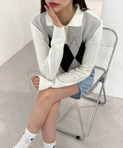 by muni:r（バイ ムニール）の「アーガイルチェッククロップニット（ニット/セーター・レディース・ネイビー/アイボリー・FREE）」の18枚目の写真