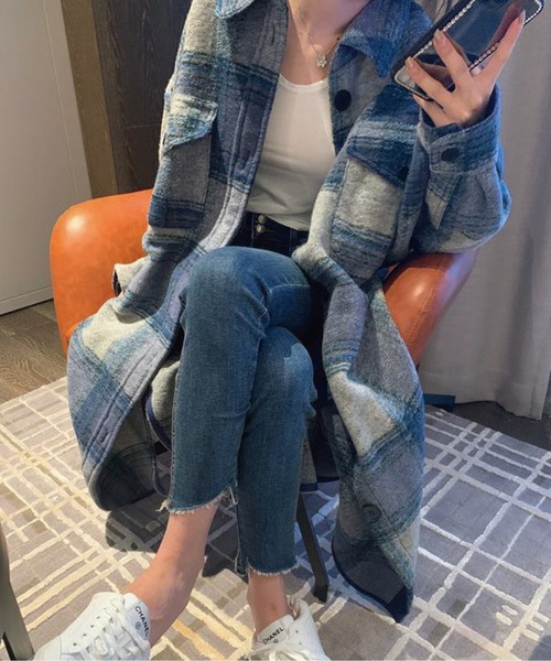 meJane（ミージェーン）の「ゆったりシルエットブロックチェック起毛シャツワンピース（シャツワンピース・レディース・ブルーグレー・FREE）」の3枚目の写真