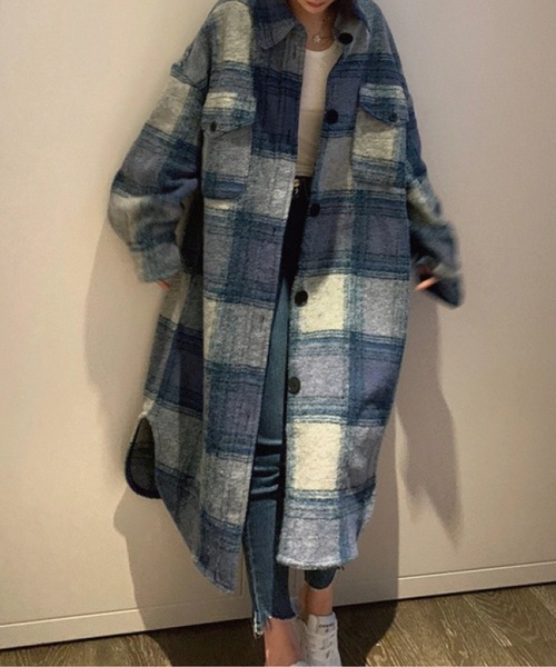 meJane（ミージェーン）の「ゆったりシルエットブロックチェック起毛シャツワンピース（シャツワンピース・レディース・ブルーグレー・FREE）」の5枚目の写真