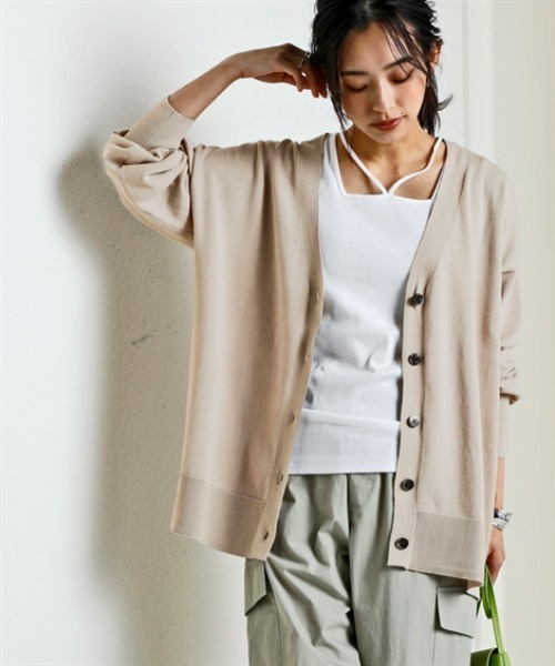 nissen（ニッセン）の「洗えるＵＶカット綿１００％Vネックカーディガン（長袖）（オーバーサイズ）（カーディガン/ボレロ・レディース・ピンク系/杢グレー/ブラック/オフホワイト/ブルー/グレイッシュベージュ・S～Ｍ/L～LL）」の5枚目の写真