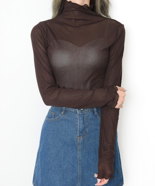 【新品未使用】POPPY ブルーフラワーシアーハイネックトップス Blue ribbon see-through tops (High neck) – POPPY