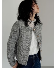 Re:EDIT | [2023A/W PRE ORDER]金ボタンノーカラーツイードジャケット(ノーカラージャケット)