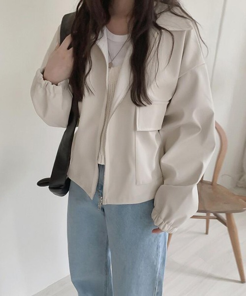 Girly Doll（ガーリードール）の「フェイクレザーブルゾン（ブルゾン・レディース・アイボリー/ブラック・S/M/L）」の3枚目の写真