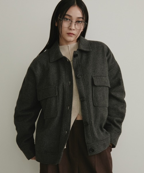 セール】ウールライクアウトポケットジャケットコート/中綿裏地付き