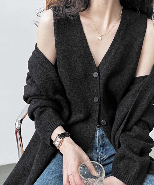 OSYAREVO（オシャレボ）の「ベスト付き レイヤード ニット カーディガン（カーディガン/ボレロ・レディース・ベージュ/ブラック/グレー・FREE）」の11枚目の写真