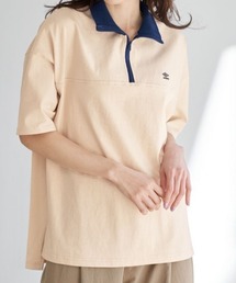 <UMBROコラボ(アンブロ)×UNDOVE>【配色衿/ワンポイント刺繍/半袖シャツ/オーバーサイズ/綿100%/カジュアルスポーティー】 ハーフジッププルオーバー