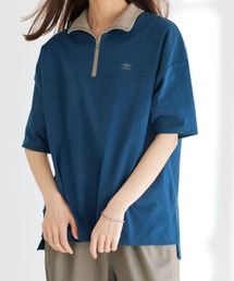 <UMBROコラボ(アンブロ)×UNDOVE>【配色衿/ワンポイント刺繍/半袖シャツ/オーバーサイズ/綿100%/カジュアルスポーティー】 ハーフジッププルオーバー