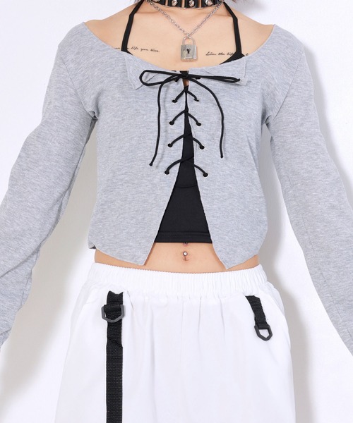 Diable baiser(ディアブルベーゼ)の「ホルターインナー付レースアップ長袖トップスセット(Tシャツ/カットソー・レディース・グレー・LL/LARGE/MEDIUM/SMALL)」の3枚目の写真