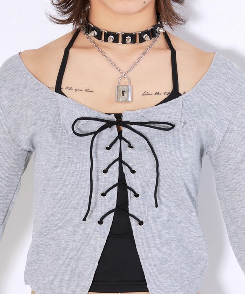 Diable baiser(ディアブルベーゼ)の「ホルターインナー付レースアップ長袖トップスセット(Tシャツ/カットソー・レディース・グレー・LL/LARGE/MEDIUM/SMALL)」の4枚目の写真