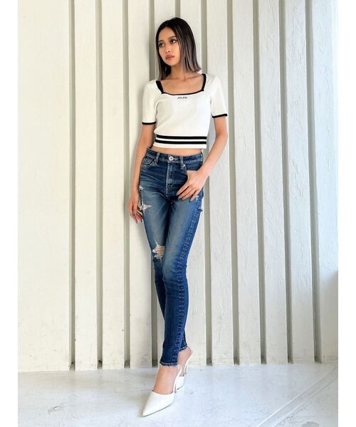 ■韓国■ ストライプ柄 ハイウェスト スクエアネック クロップ丈 セール】スクエアネックHEM LINEニットトップス(ニット