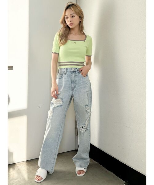 GYDA（ジェイダ）の「スクエアネックHEM LINEニットトップス（ニット/セーター・レディース・オフホワイト/ブラック/ライム・FREE）」の21枚目の写真