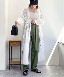 コットン/リネン 前開きギャザーワンピース