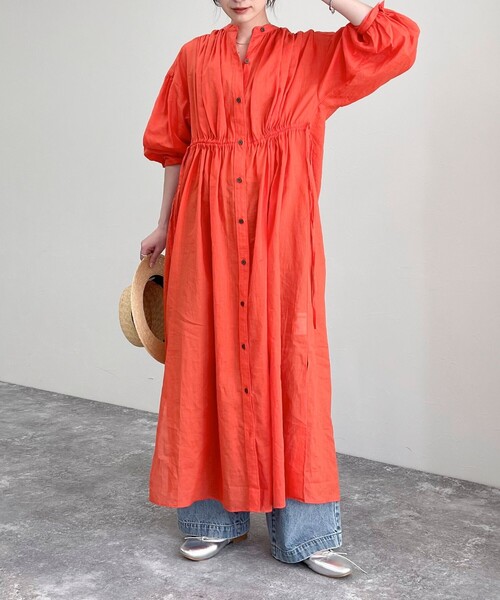 ①ハンドメイド ♡ コットンリネン ギャザーワンピース いは 