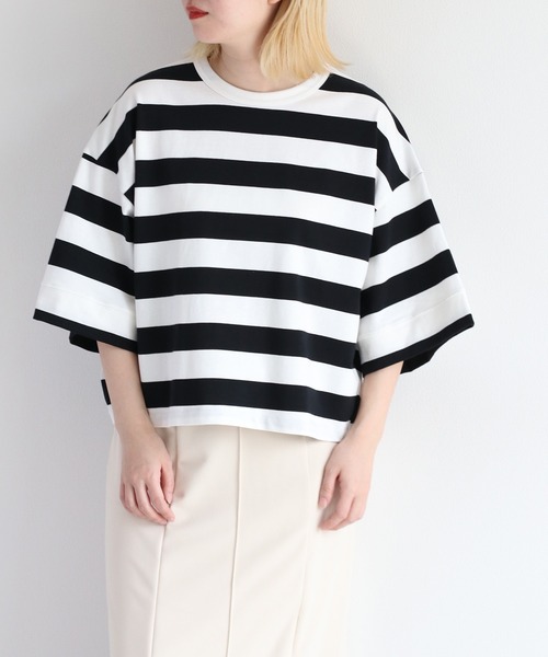cepo(セポ)の「無地&ボーダーワイドTee(Tシャツ/カットソー・レディース・ホワイト×ブルー/ホワイト×ブラック/ブラック/オフホワイト・M)」の1枚目の写真