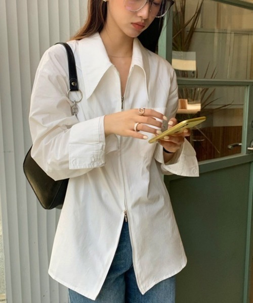 Miniministore(ミニミニストア)の「ダブルジップシャツ シャツカーディガン白(シャツ/ブラウス・レディース・ブルー/ホワイト・FREE)」の3枚目の写真