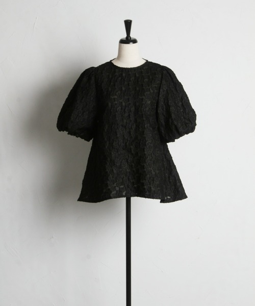 極美品✨ROCHAS ジャガード ノースリーブチュニック シアー リボン 42 シワ加工シアーチュニック