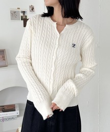 ワンポイント刺繍ケーブル編みニットカーディガン