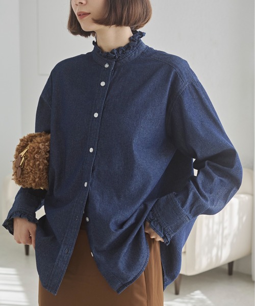 デニム フリルカラー シャツ（シャツ/ブラウス）｜ANGIE