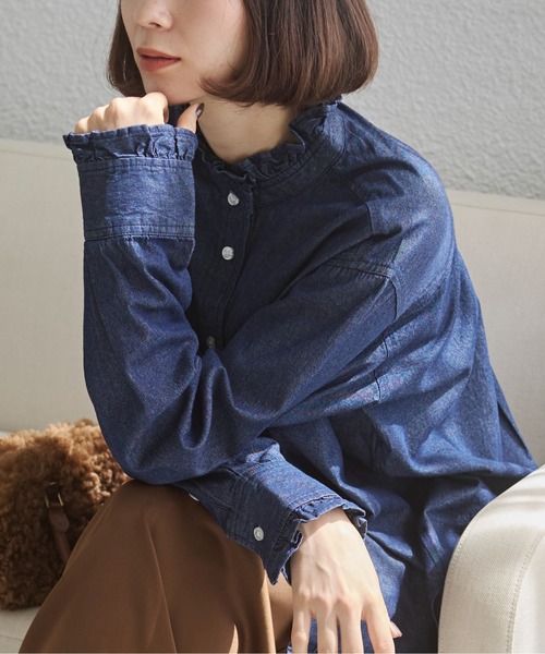 デニム フリルカラー シャツ（シャツ/ブラウス）｜ANGIE